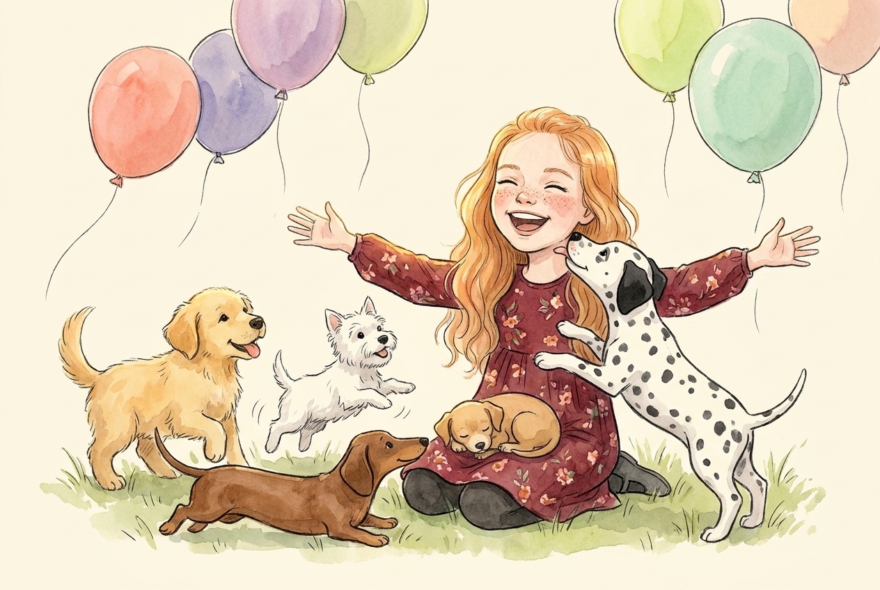 A watercolor illustration of Brielle: a girl with long wavy strawberry-blonde hair and freckles, kneeling in the grass in a dark red floral dress, head tipped back laughing with her eyes crinkled shut and her arms flung wide. Five puppies play around her. She is scratching a golden retriever puppy under the chin, a little white terrier and a brown dachshund tumble past her feet, a tiny tan puppy is asleep in her lap, and a Dalmatian puppy has jumped up to lick her cheek. Pastel coral, lavender, lime and mint balloons drift in the cream sky above.